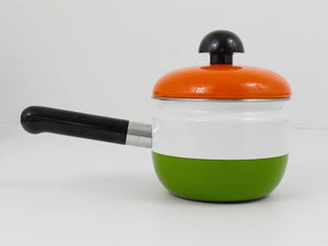 Carl Aubock Enameled Pot with Lid by Riess, Orange, White, Green, Austria, 1970s