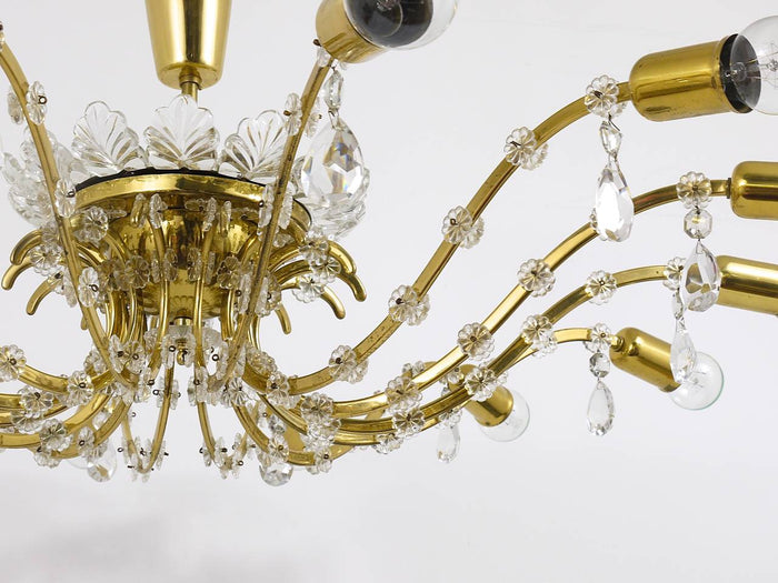 Huge Floral Lobmeyr Mid-Century Brass Crystal Chandelier, 1950s, Austria