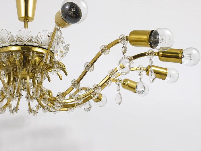 Huge Floral Lobmeyr Mid-Century Brass Crystal Chandelier, 1950s, Austria
