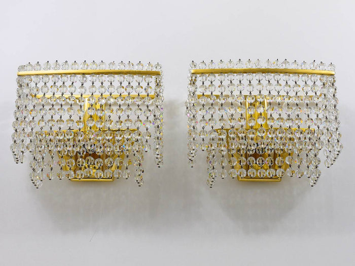 Lobmeyr Pair Square Gold-Plated Brass Sconces with Hand-Cut Crystals, 1970s