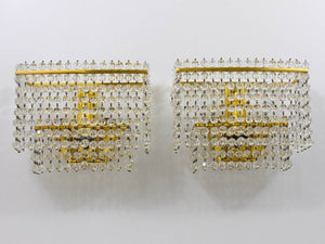 Coppia di applique Lobmeyr quadrate in ottone dorato con cristalli tagliati a mano, anni 1970