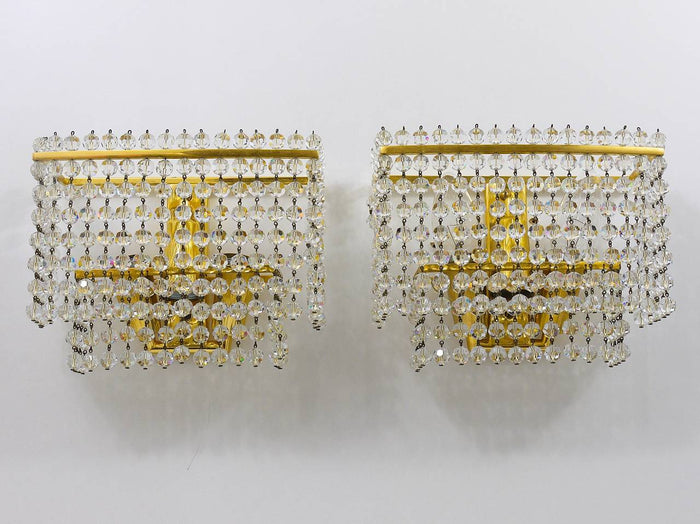 Lobmeyr Pair Square Gold-Plated Brass Sconces with Hand-Cut Crystals, 1970s