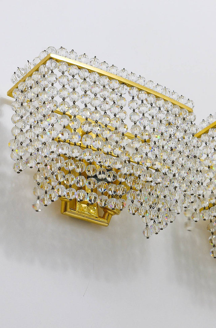 Lobmeyr Pair Square Gold-Plated Brass Sconces with Hand-Cut Crystals, 1970s