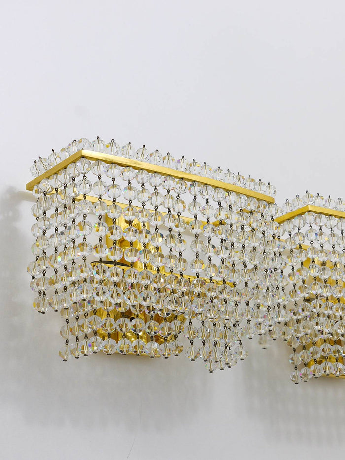 Lobmeyr Pair Square Gold-Plated Brass Sconces with Hand-Cut Crystals, 1970s