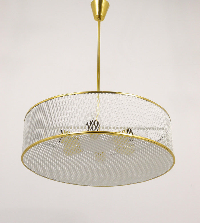 Mathieu Matégot Style Midcentury Brass Chandelier Pendant Lamp, France, 1950s