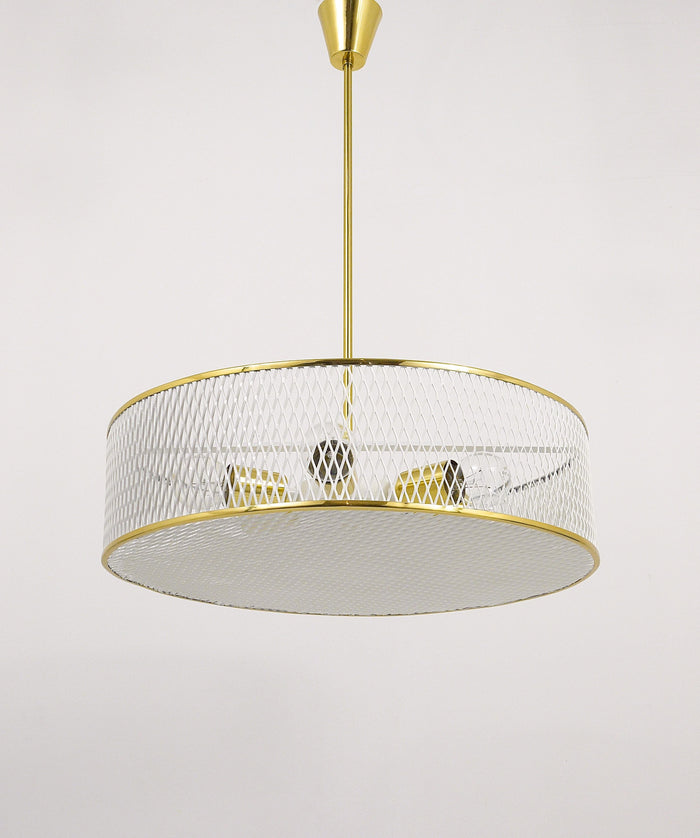 Mathieu Matégot Style Midcentury Brass Chandelier Pendant Lamp, France, 1950s