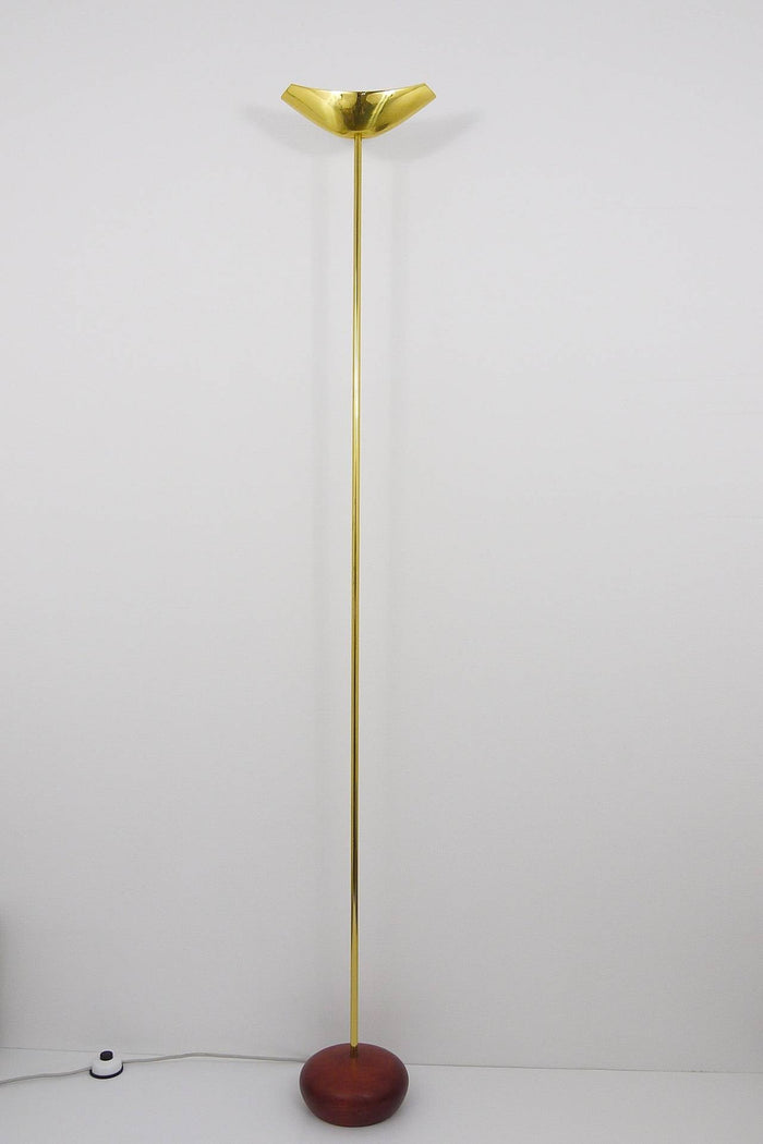 Rodolfo Dordoni Postmodern Brass & Wood Uplight Floor Lamp, Italy, 1980s