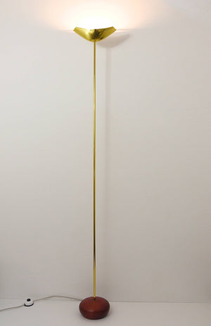 Rodolfo Dordoni Postmodern Brass & Wood Uplight Floor Lamp, Italy, 1980s