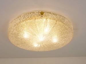 Carl Fagerlund Orrefors Textured Glass & Brass Flush Mount, Sweden, 1950s