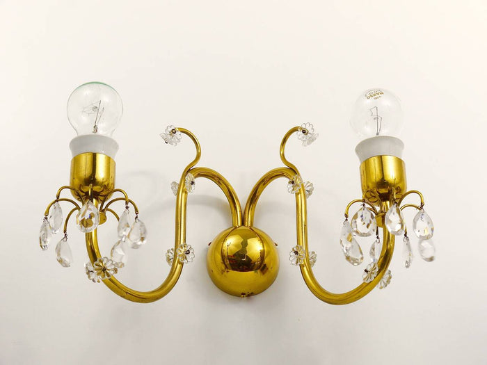 Lobmeyr Vienna Beautiful Huge Brass Crystal Sconce, Wall Light, Austria, 1950s