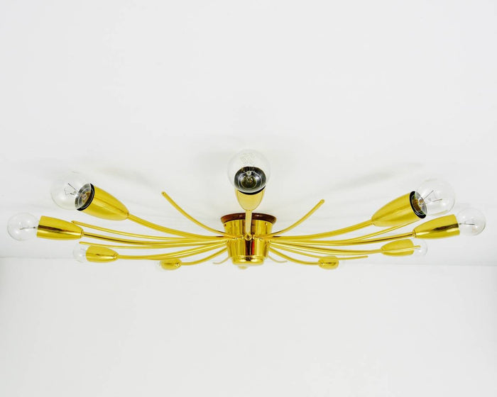 Large J.T. Kalmar Sonne Sun Brass Spider Chandelier Flush Mount, Austria, 1950s
