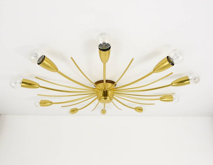 Large J.T. Kalmar Sonne Sun Brass Spider Chandelier Flush Mount, Austria, 1950s