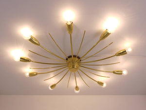 Large J.T. Kalmar Sonne Sun Brass Spider Chandelier Flush Mount, Austria, 1950s