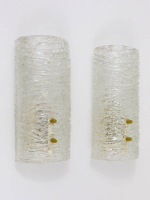 J.T. Kalmar Pair Sconces Wall Lamps, Brass & Textured Glass, Austria, 1950s
