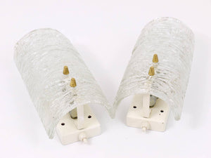 J.T. Kalmar Pair Sconces Wall Lamps, Brass & Textured Glass, Austria, 1950s