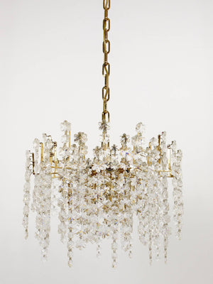 Bakalowits Vienna Gold-Plated Snowflake Crystal Glass Brass Chandelier, 1970s