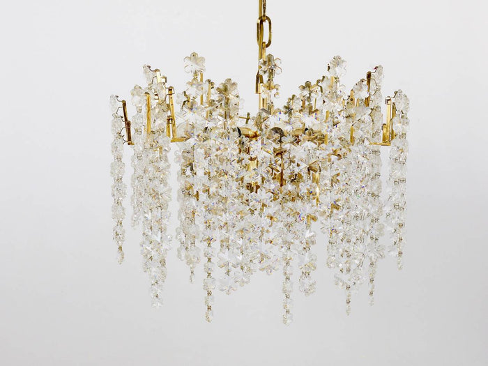 Bakalowits Vienna Gold-Plated Snowflake Crystal Glass Brass Chandelier, 1970s