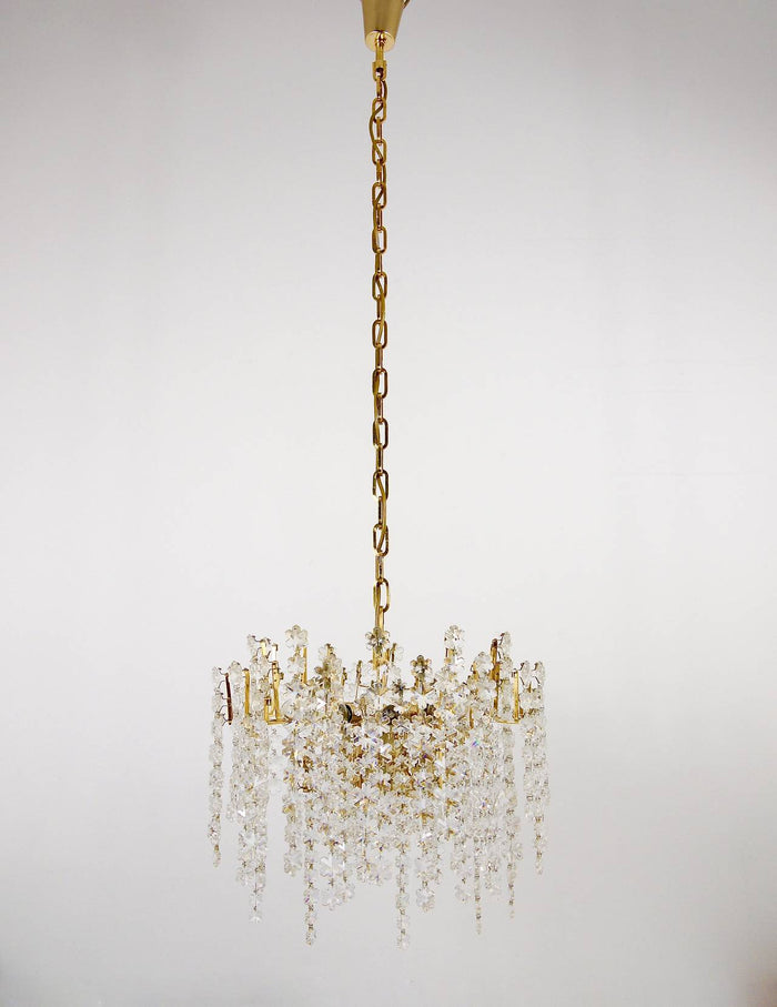 Bakalowits Vienna Gold-Plated Snowflake Crystal Glass Brass Chandelier, 1970s