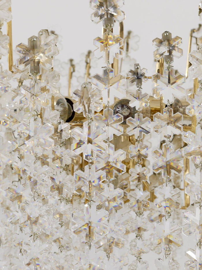 Bakalowits Vienna Gold-Plated Snowflake Crystal Glass Brass Chandelier, 1970s