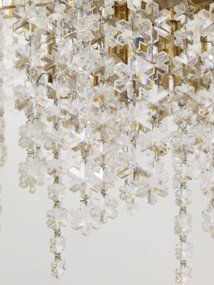 Bakalowits Vienna Gold-Plated Snowflake Crystal Glass Brass Chandelier, 1970s