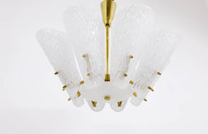 J. T. Kalmar Midcentury Brass Chandelier, White Textured Glass , 1950s