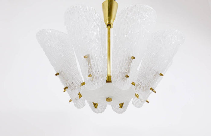 J. T. Kalmar Midcentury Brass Chandelier, White Textured Glass , 1950s