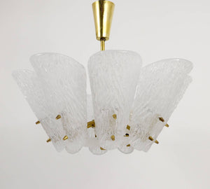 J. T. Kalmar Midcentury Brass Chandelier, White Textured Glass , 1950s