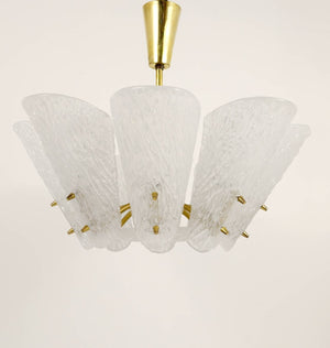 J. T. Kalmar Midcentury Brass Chandelier, White Textured Glass , 1950s