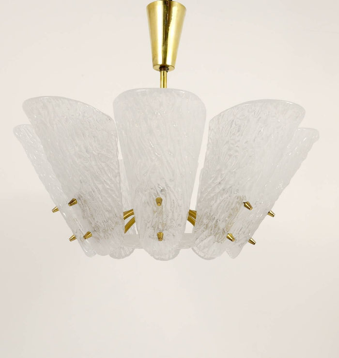 J. T. Kalmar Midcentury Brass Chandelier, White Textured Glass , 1950s