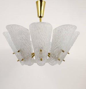 J. T. Kalmar Midcentury Brass Chandelier, White Textured Glass , 1950s