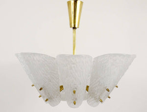 J. T. Kalmar Midcentury Brass Chandelier, White Textured Glass , 1950s