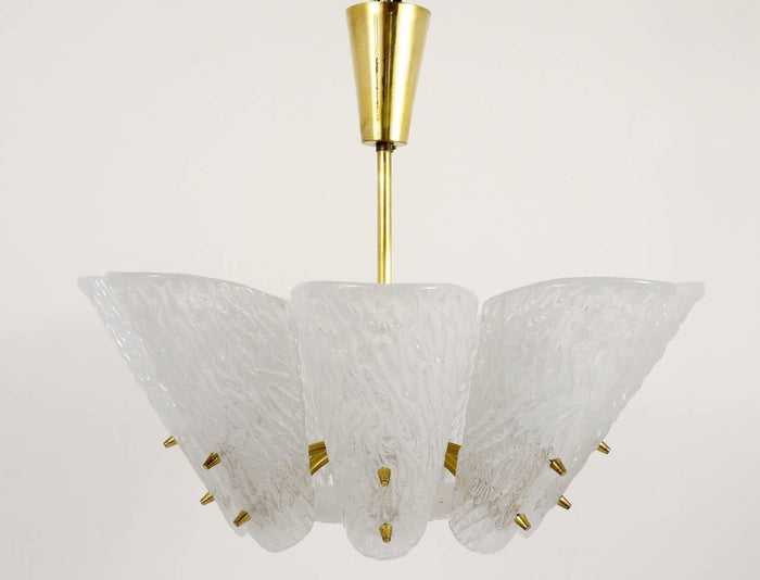 J. T. Kalmar Midcentury Brass Chandelier, White Textured Glass , 1950s