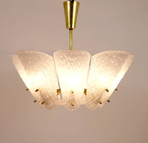 J. T. Kalmar Midcentury Brass Chandelier, White Textured Glass , 1950s