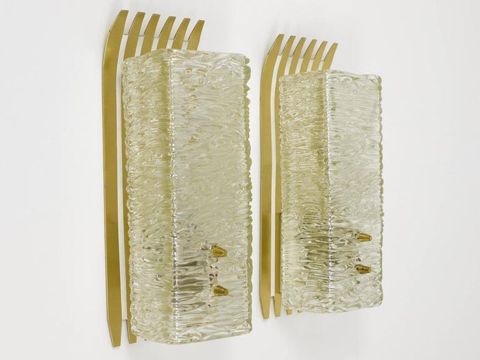 J.T. Kalmar Vienna Pair of Unusual Brass Glass Sconces, Austria, 1950s