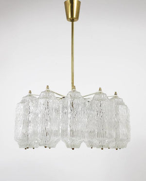 J.T. Kalmar Brass Chandelier with Textured Ice Glass, Austria, 1950s