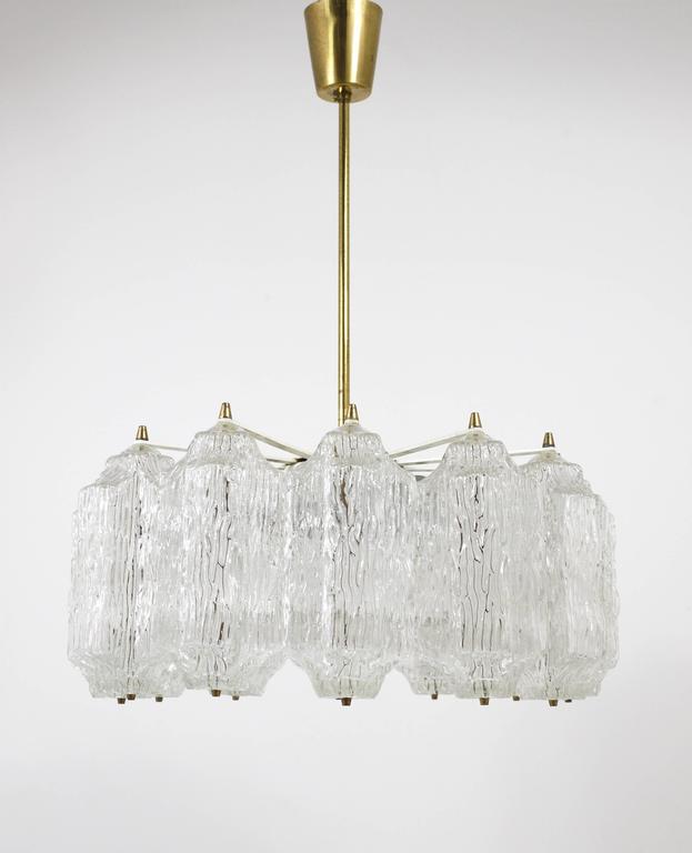 J.T. Kalmar Brass Chandelier with Textured Ice Glass, Austria, 1950s