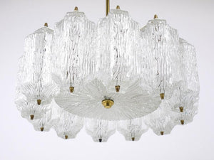 J.T. Kalmar Brass Chandelier with Textured Ice Glass, Austria, 1950s