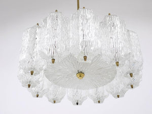 J.T. Kalmar Brass Chandelier with Textured Ice Glass, Austria, 1950s