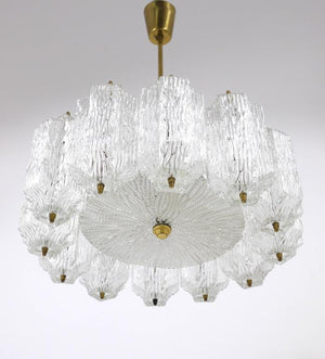 J.T. Kalmar Brass Chandelier with Textured Ice Glass, Austria, 1950s