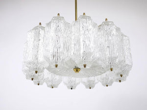 J.T. Kalmar Brass Chandelier with Textured Ice Glass, Austria, 1950s