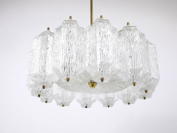 J.T. Kalmar Brass Chandelier with Textured Ice Glass, Austria, 1950s