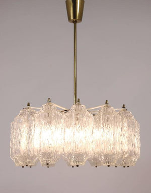 J.T. Kalmar Brass Chandelier with Textured Ice Glass, Austria, 1950s
