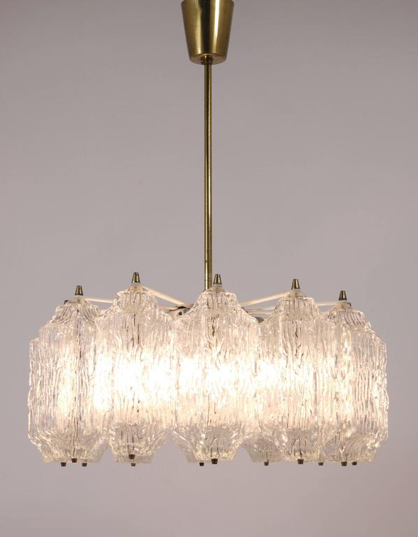 J.T. Kalmar Brass Chandelier with Textured Ice Glass, Austria, 1950s