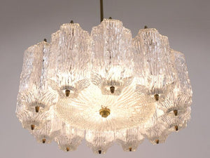 J.T. Kalmar Brass Chandelier with Textured Ice Glass, Austria, 1950s