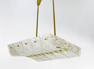J.T. Kalmar Huge Spare Brass and Textured Glass Chandelier, Austria, 1950s