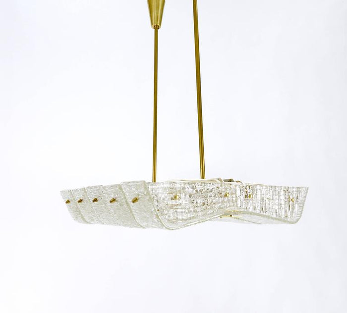 J.T. Kalmar Huge Spare Brass and Textured Glass Chandelier, Austria, 1950s