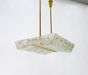 J.T. Kalmar Huge Spare Brass and Textured Glass Chandelier, Austria, 1950s