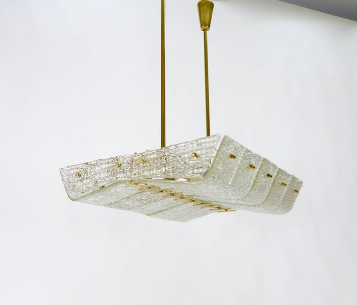 J.T. Kalmar Huge Spare Brass and Textured Glass Chandelier, Austria, 1950s