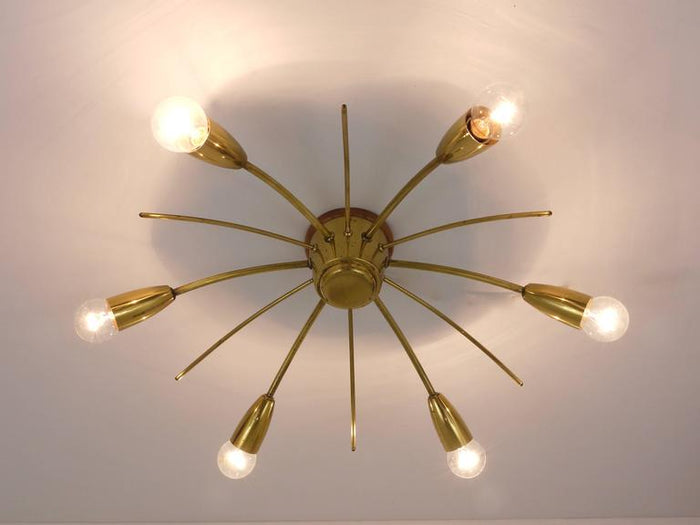 J.T. Kalmar Sun Mid-Century Brass Chandelier Ceiling Lamp, Austria, 1950s