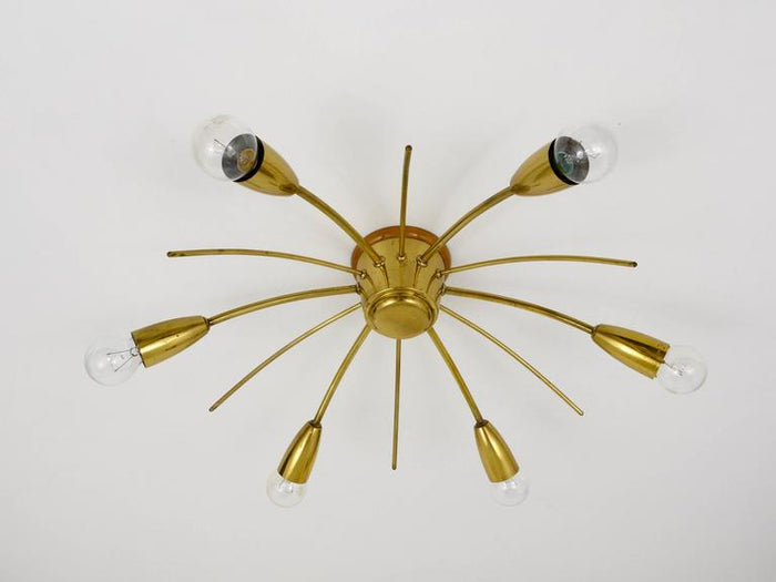 J.T. Kalmar Sun Mid-Century Brass Chandelier Ceiling Lamp, Austria, 1950s